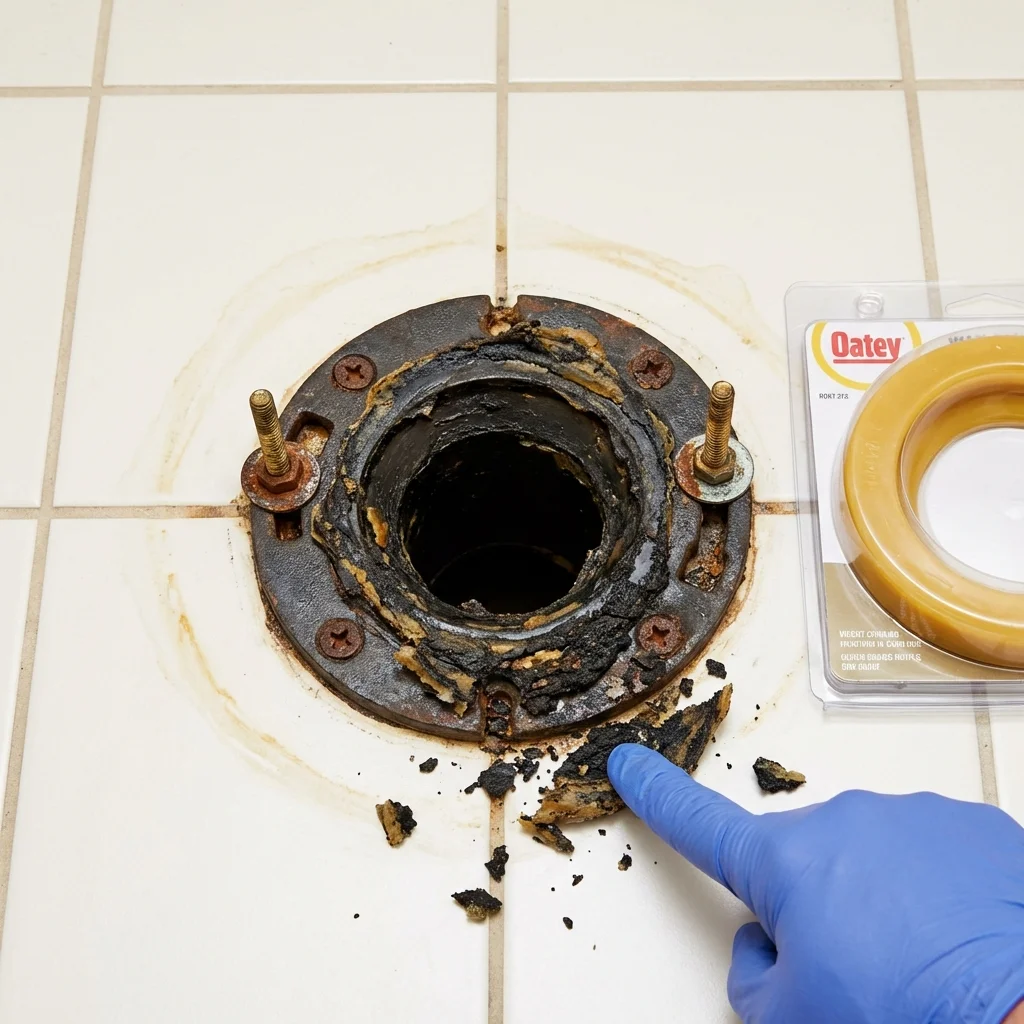 Failed wax ring showing water seepage at the base of a toilet in a Watonga, OK home